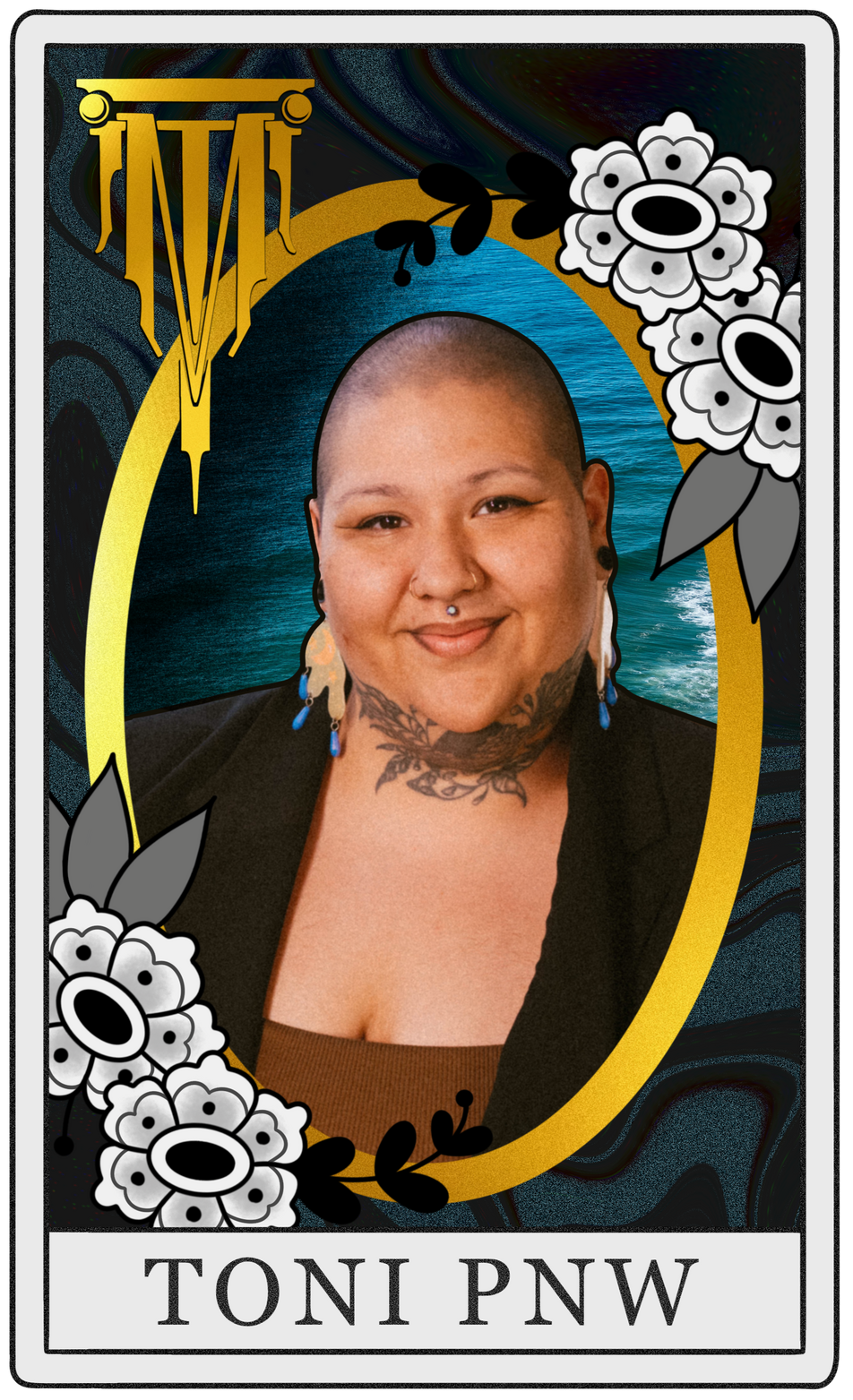 A digitally drawn tarot card image featuring a photo of Toni PNW in the center framed by a gold oval. The background of the card is dark blue with black swirls and white flowers sit on the top right and bottom left corners of the frame.