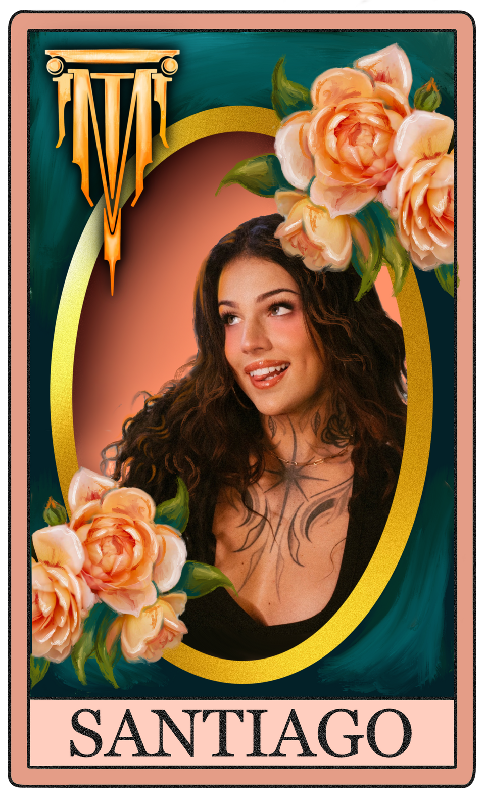 A digitally drawn tarot card image featuring a photo of Santiago Gonzales in the center framed by a gold oval. The background of the card is dark blue and orange flowers sit on the top right and bottom left corners of the frame.