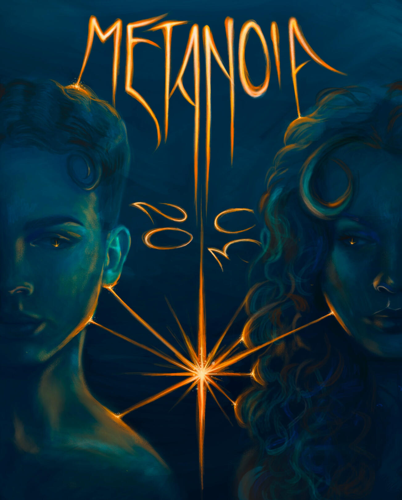 A digital painting by Santiago of Metanoia's book cover. A masculine figure on the left and a feminine figure on the right look slightly inward toward a glowing yellow star. Text on the cover is in gold, "METANOIA" at the top and "20 30" below.